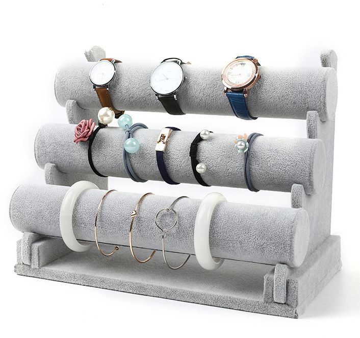 2Pack Velvet Bracelet Holder with 3 Tier Rack, Black Detachable Jewelry Display Stand T-Bar Necklace Storage Organizer for Bangles Watch Bracelets Scrunchies Organization Showcase - Gray - Size 2Pack