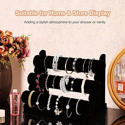 2Pack Velvet Bracelet Holder with 3 Tier Rack, Black Detachable Jewelry Display Stand T-Bar Necklace Storage Organizer for Bangles Watch Bracelets Scrunchies Organization Showcase - Gray - Size 2Pack