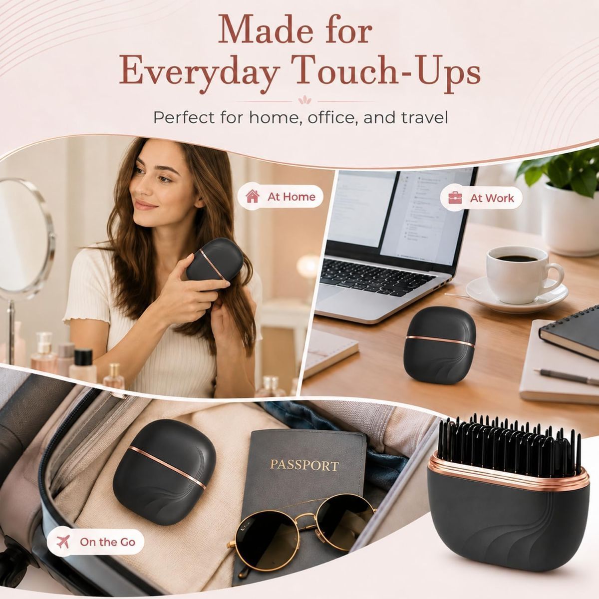 Mini Cordless Hair Straightener Brush, Adjustable Heat Hot Comb Portable Styling Tool for Quick Touch-Ups, Bangs, Short Hair, and Travel; Compact Design Fits Purses and Luggage - Black - Size 3.46in