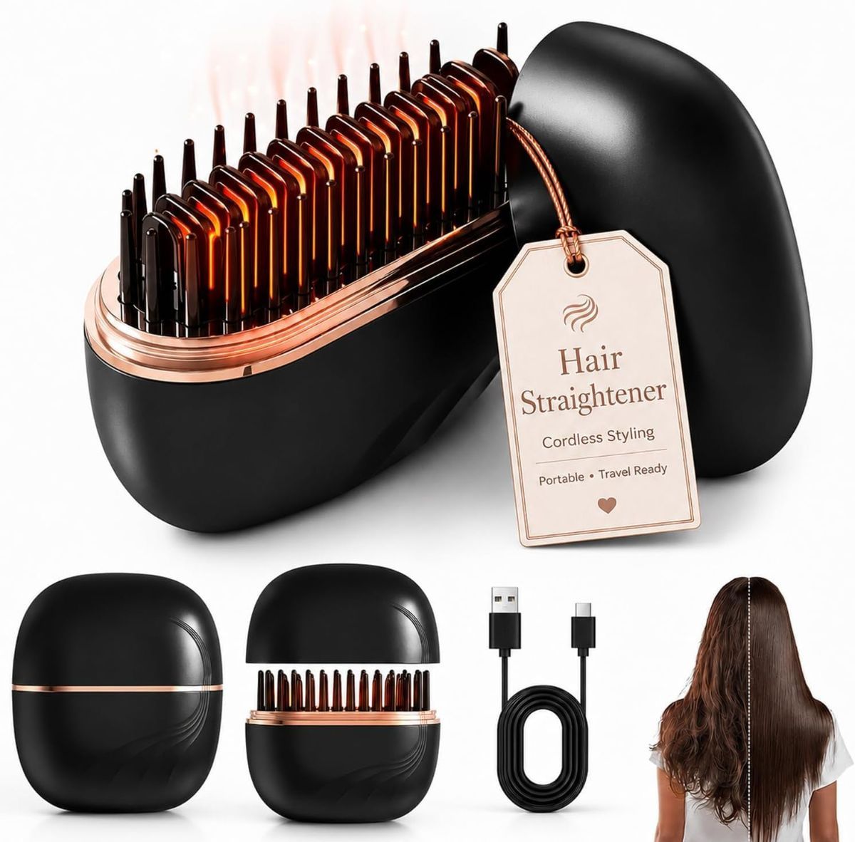 Mini Cordless Hair Straightener Brush, Adjustable Heat Hot Comb Portable Styling Tool for Quick Touch-Ups, Bangs, Short Hair, and Travel; Compact Design Fits Purses and Luggage - Pink - Size 3.46in