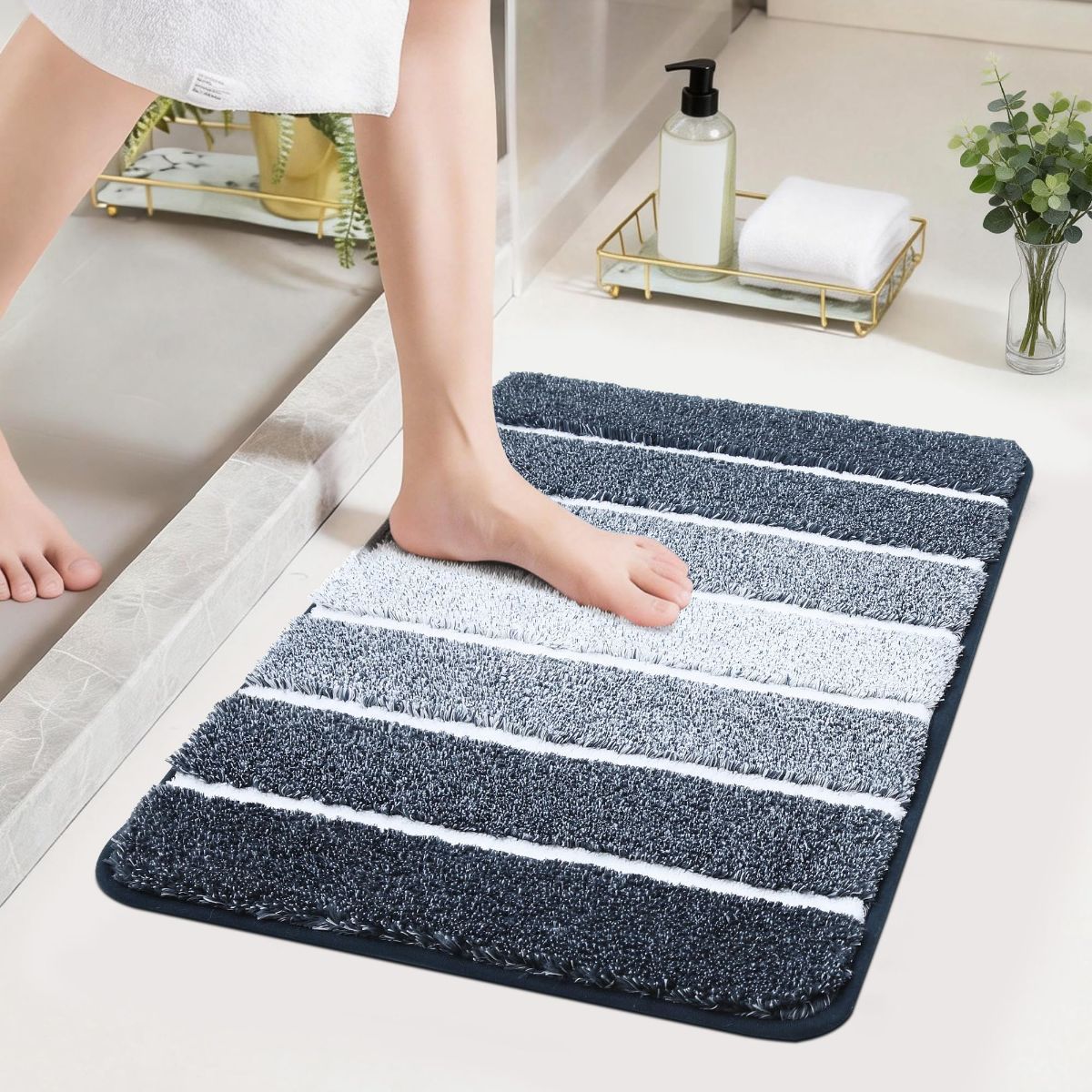 Bathroom Rugs,Ultra Soft Absorbent Bath Mat,Beige | Non-Slip TPR Backing Stays in Place, Machine Washable Bath Rugs Shaggy Rug for Bathroom Floor - Dark Blue and White - Size 50cm*80cm