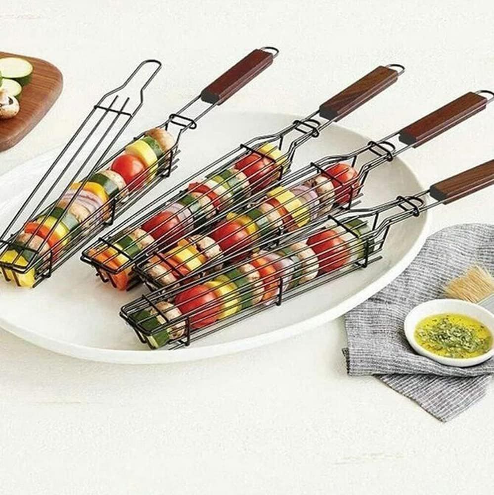 4 Pack BBQ Grill Basket for Home Foldable Non-Stick Barbecue Grill with Wooden Handle Powder Coated Stainless Steel Mesh Tandoori Chicken & Vegetable Griller Portable Outdoor Barbeque Tool for