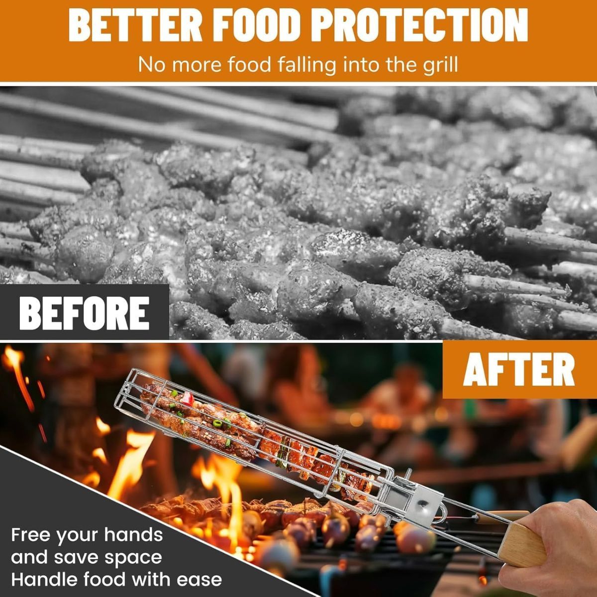 4 Pack BBQ Grill Basket for Home Foldable Non-Stick Barbecue Grill with Wooden Handle Powder Coated Stainless Steel Mesh Tandoori Chicken & Vegetable Griller Portable Outdoor Barbeque Tool for