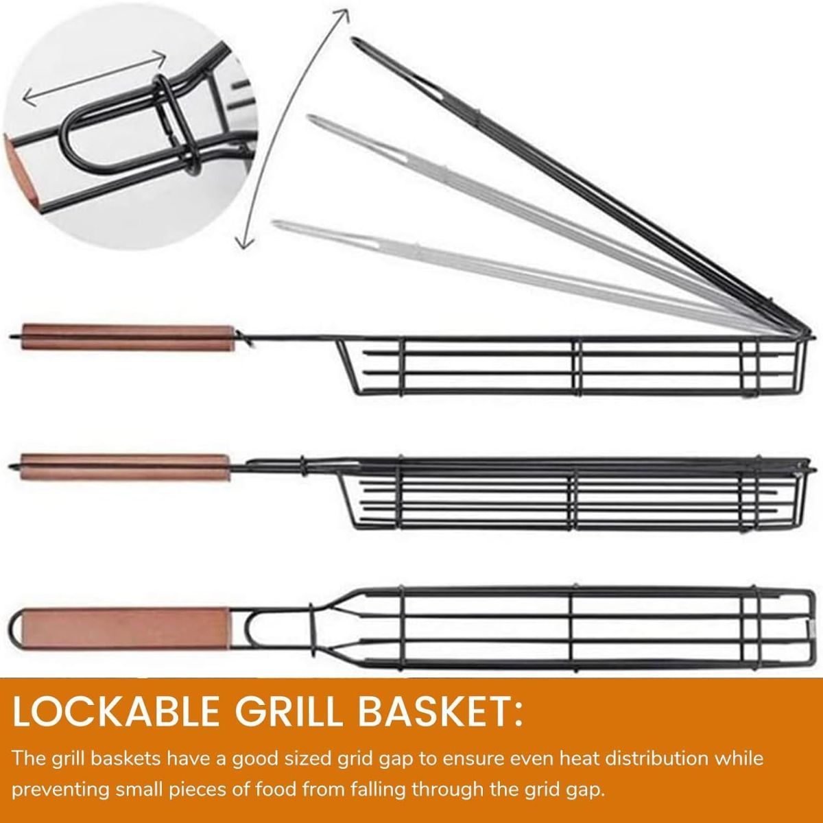 4 Pack BBQ Grill Basket for Home Foldable Non-Stick Barbecue Grill with Wooden Handle Powder Coated Stainless Steel Mesh Tandoori Chicken & Vegetable Griller Portable Outdoor Barbeque Tool for