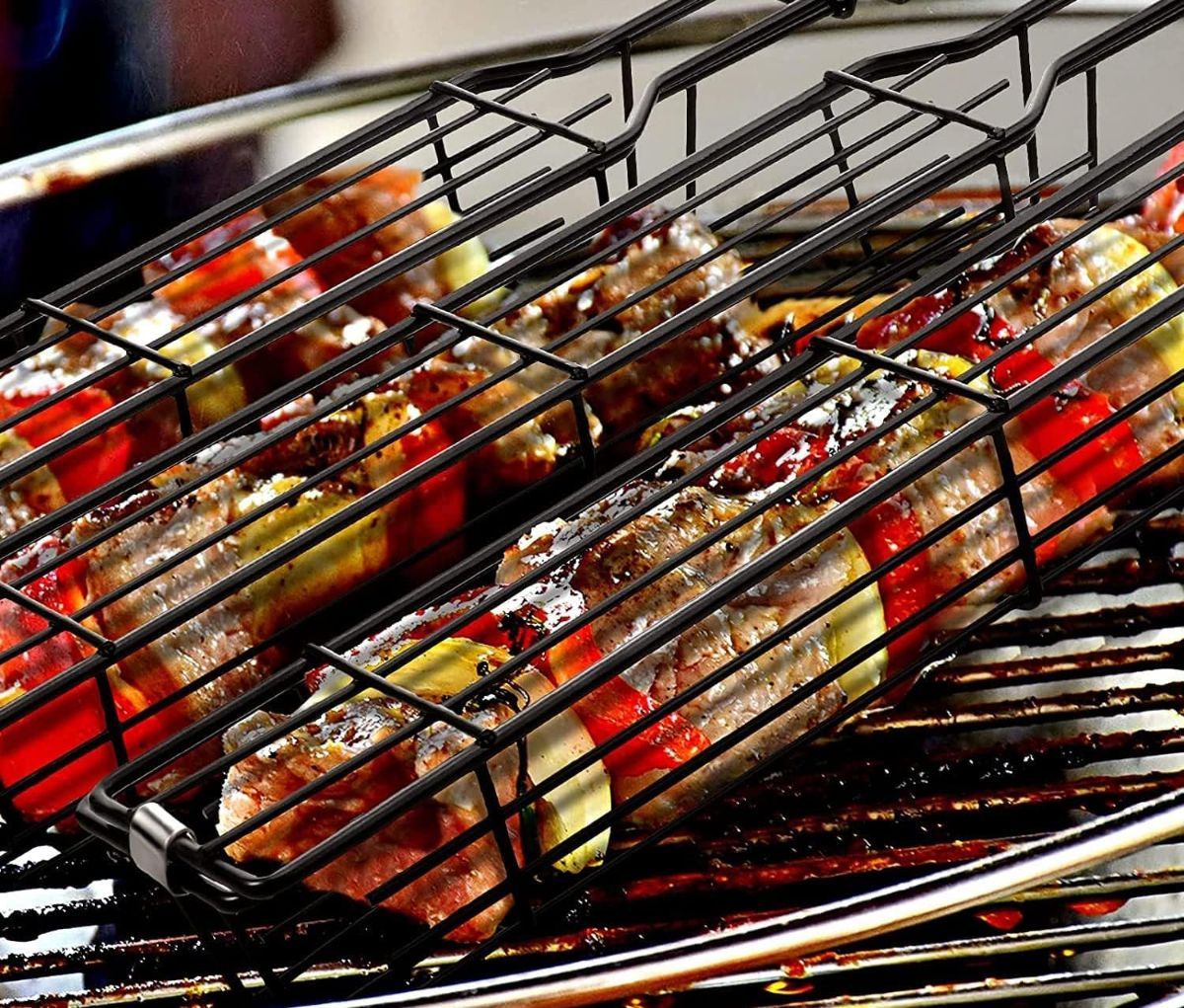 4 Pack BBQ Grill Basket for Home Foldable Non-Stick Barbecue Grill with Wooden Handle Powder Coated Stainless Steel Mesh Tandoori Chicken & Vegetable Griller Portable Outdoor Barbeque Tool for