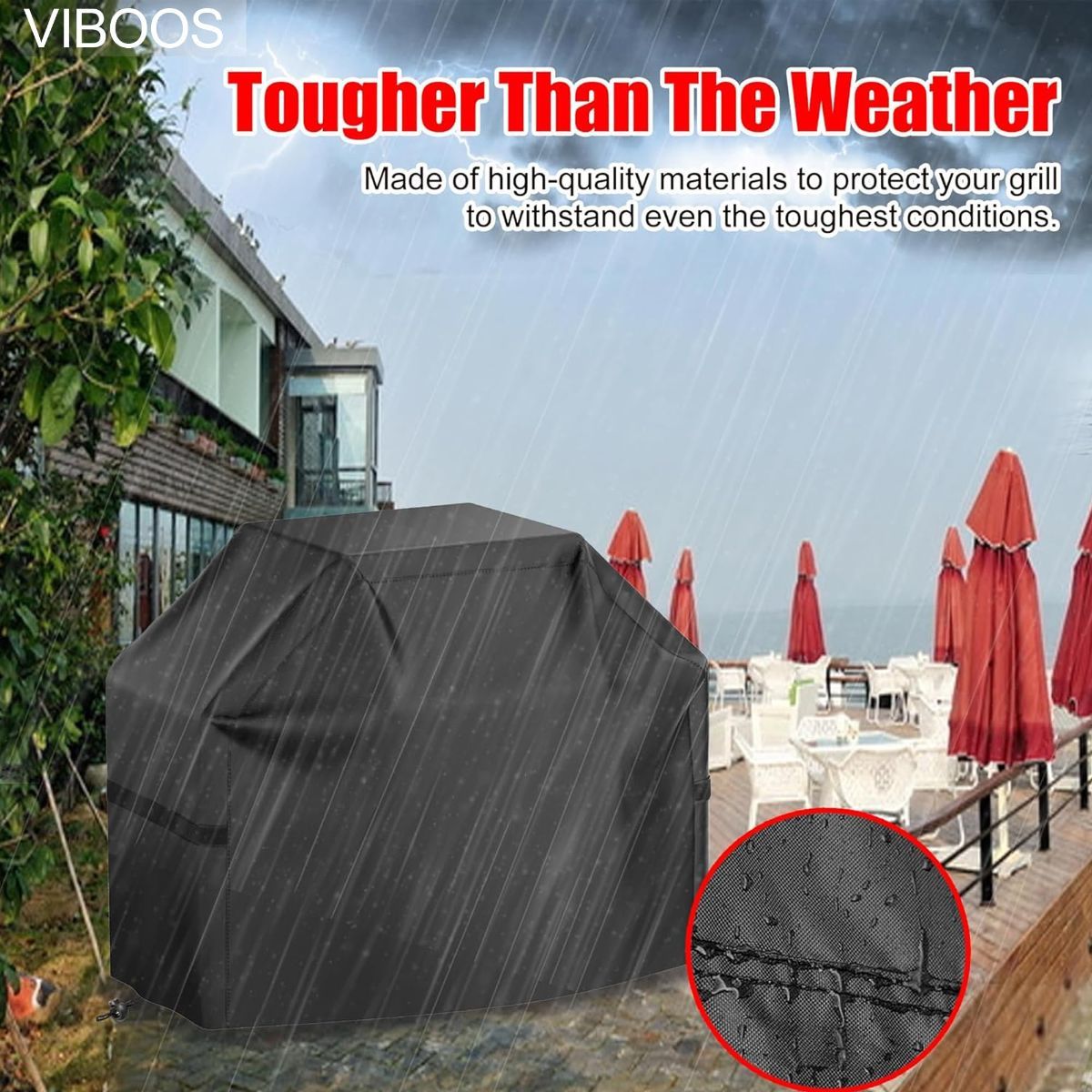 Grill Cover, 65 inch BBQ Gas Grill Cover for Outdoor Grill, Waterproof, Anti-UV, Rip-Proof, Fade Resistant Material, Barbecue Cover with Hook-and-Loop Straps & Adjustable Hem Drawstring - Black