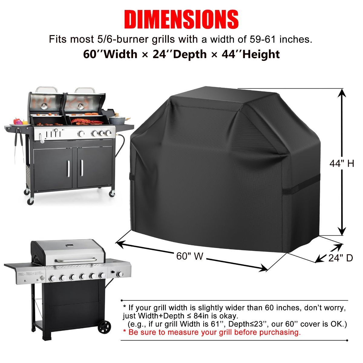 Grill Cover, 72 inch BBQ Gas Grill Cover for Outdoor Grill, Waterproof, Anti-UV, Rip-Proof, Fade Resistant Material, Barbecue Cover with Hook-and-Loop Straps & Adjustable Hem Drawstring - Black
