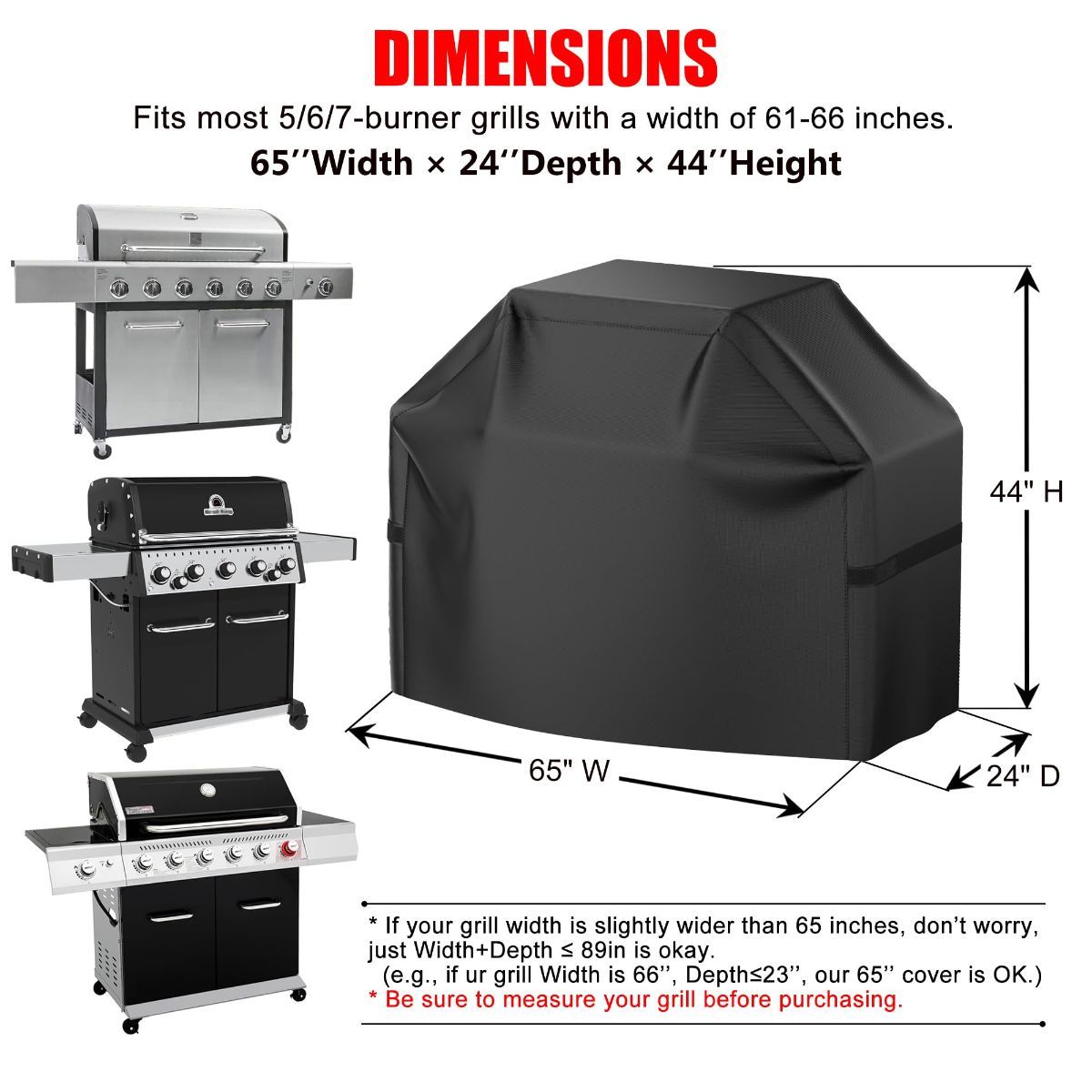 Grill Cover, 72 inch BBQ Gas Grill Cover for Outdoor Grill, Waterproof, Anti-UV, Rip-Proof, Fade Resistant Material, Barbecue Cover with Hook-and-Loop Straps & Adjustable Hem Drawstring - Black
