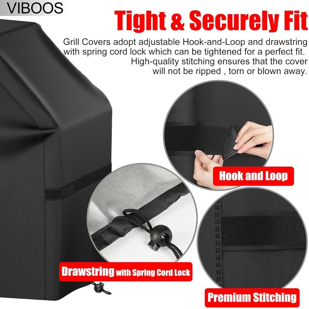 Grill Cover, 72 inch BBQ Gas Grill Cover for Outdoor Grill, Waterproof, Anti-UV, Rip-Proof, Fade Resistant Material, Barbecue Cover with Hook-and-Loop Straps & Adjustable Hem Drawstring - Black