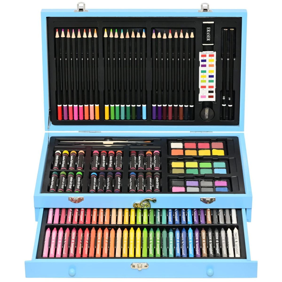 145 Piece Deluxe Art Set Wooden Art Box & Drawing Kit Blue Art Kit with Crayons, Oil Pastels, Colored Pencils, Watercolor Pans, Sketch Pencils, Brush, Sharpener, Eraser, Color Chart - Blue - Size 1Pack