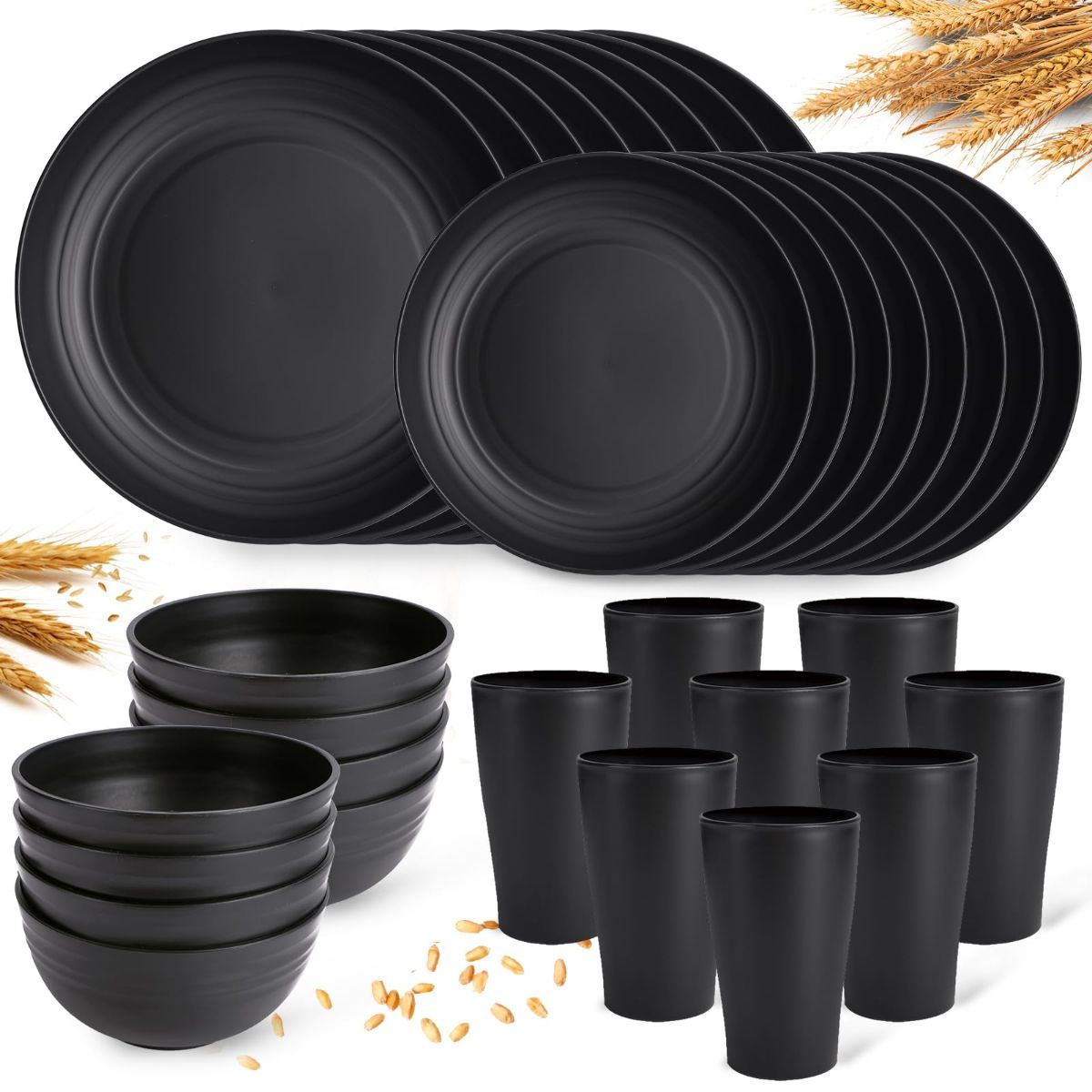 Camping Plates Cups and Bowls Set Green Reusable Microwave Safe Lightweight Unbreakable Plastic Dishes Set for Elderly Kitchen Adults Outdoor,32 Pcs Holiday Dinnerware Sets for 8 - Black - Size 32Pcs