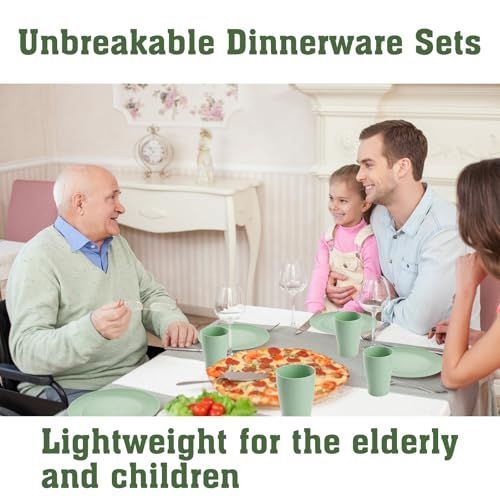 Camping Plates Cups and Bowls Set Green Reusable Microwave Safe Lightweight Unbreakable Plastic Dishes Set for Elderly Kitchen Adults Outdoor,32 Pcs Holiday Dinnerware Sets for 8 - Black - Size 32Pcs