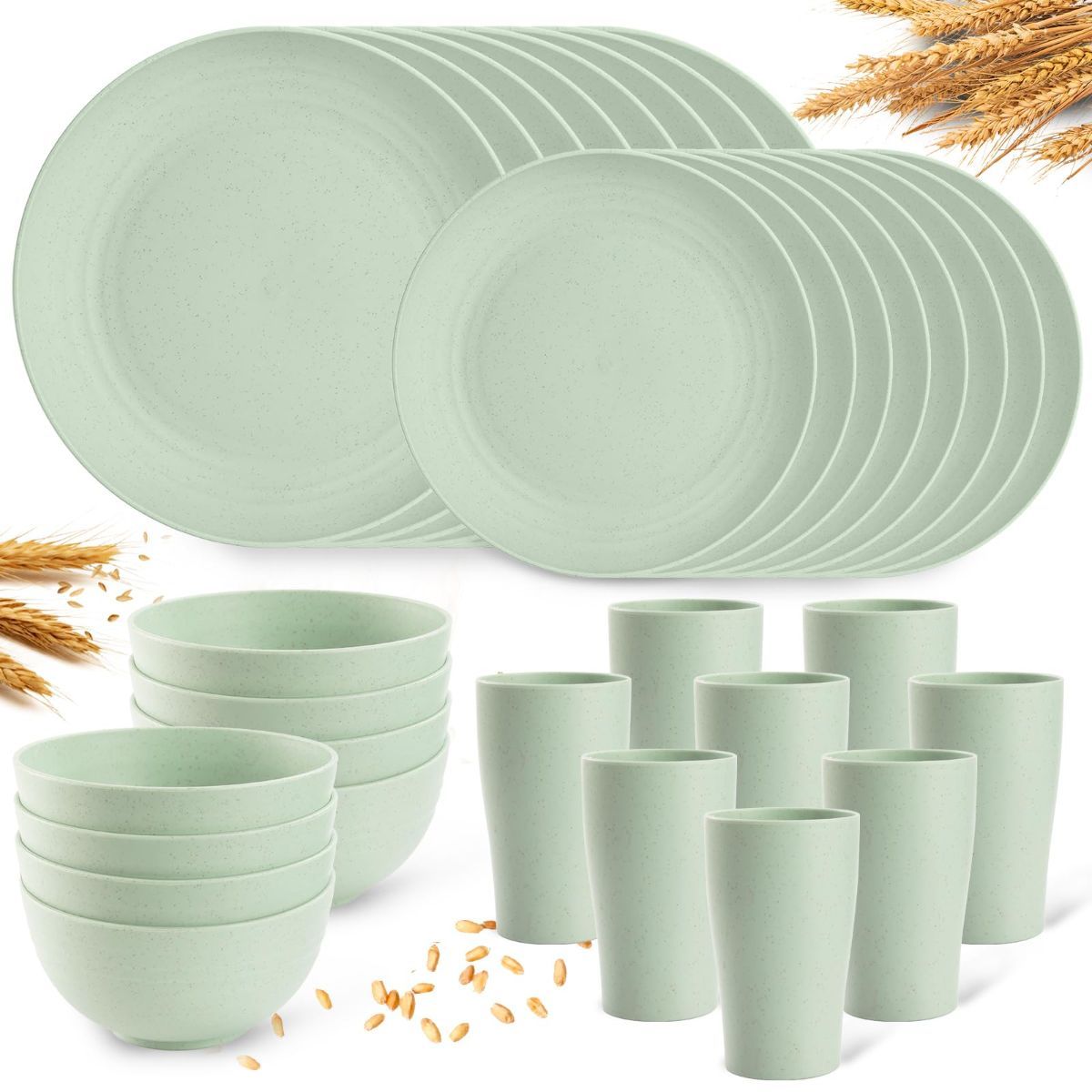 Camping Plates Cups and Bowls Set Green Reusable Microwave Safe Lightweight Unbreakable Plastic Dishes Set for Elderly Kitchen Adults Outdoor,32 Pcs Holiday Dinnerware Sets for 8 - Black - Size 32Pcs