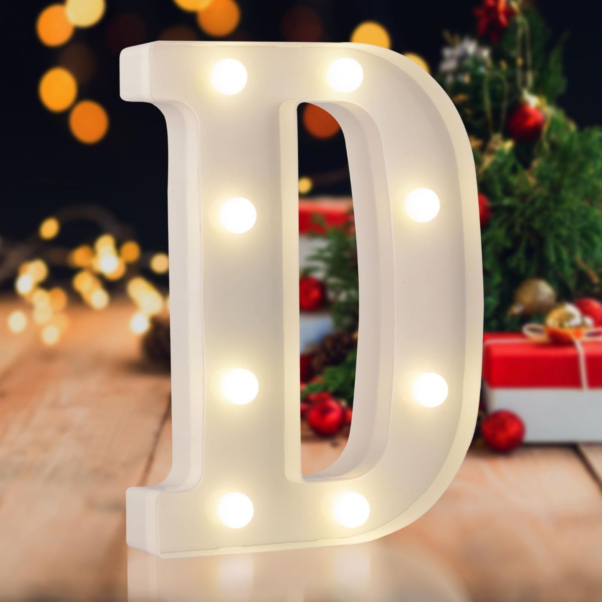 Sign letter D, warm white, 26 letters, 10 numbers, heart and & symbol; for birthday, party, Christmas, home, bar, wedding decoration; DIY word combinations; wall & tabletop display; battery operated.