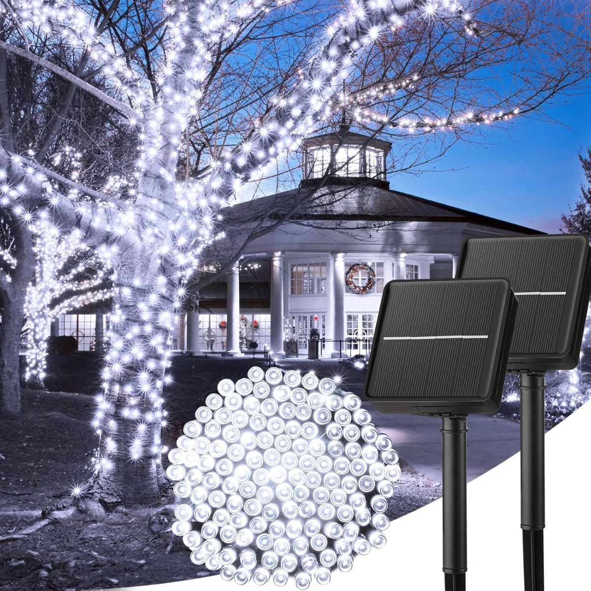 Solar String Lights Outdoor, 2 Pack LED Solar Outdoor Lights | Solar Fairy Lights with 8 Lighting Modes, Waterproof Solar Christmas Halloween Lights for Outside Tree Garden Balcony Gazebo Party - White - Size 40ft 100-LED String Light