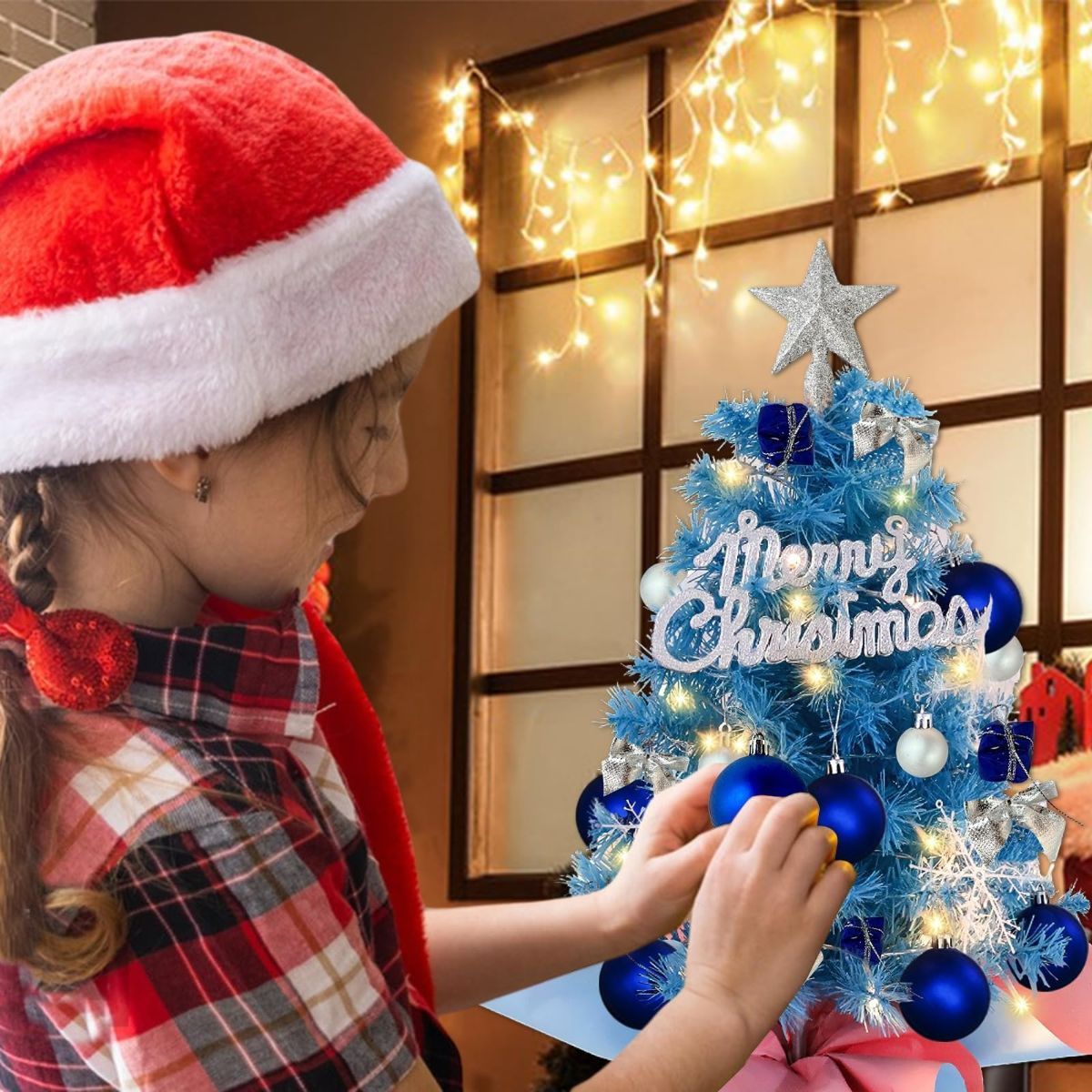 With LED String Light, Mini Christmas Tree, Tabletop Artificial Christmas Tree with Ornaments – Perfect for Home Indoor Decor, Living Room, Bedroom, Office Desk, Mantelpiece, Windowsill, Party Centerpiece and Holiday Display - Blue - Size 45cm