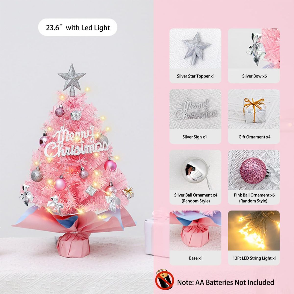 With LED String Light, Pink Christmas Tree with Silver Star Topper, Tabletop Xmas Tree Ribbon Bow, Gift Pack, Ball Hanging Ornaments Decorated Paper Bag Base, Indoor Winter Holiday Table Decor -Pink - 23.6in