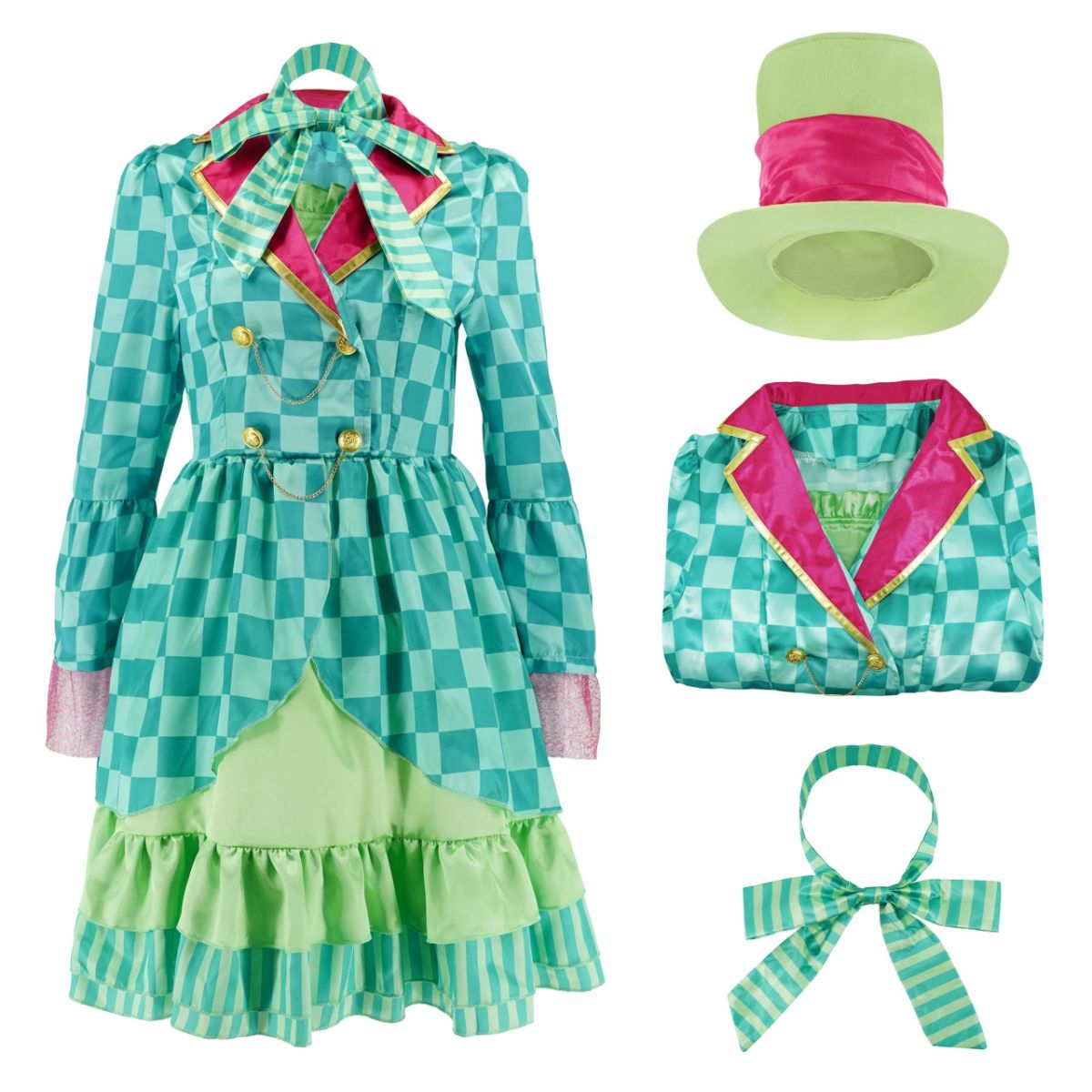Hatter Costume Women Mad Tea Party Halloween Cosplay Dress with Bowtie Top Hat Leggings Mardi Gras Parade Outfits - Green - Size XXXL