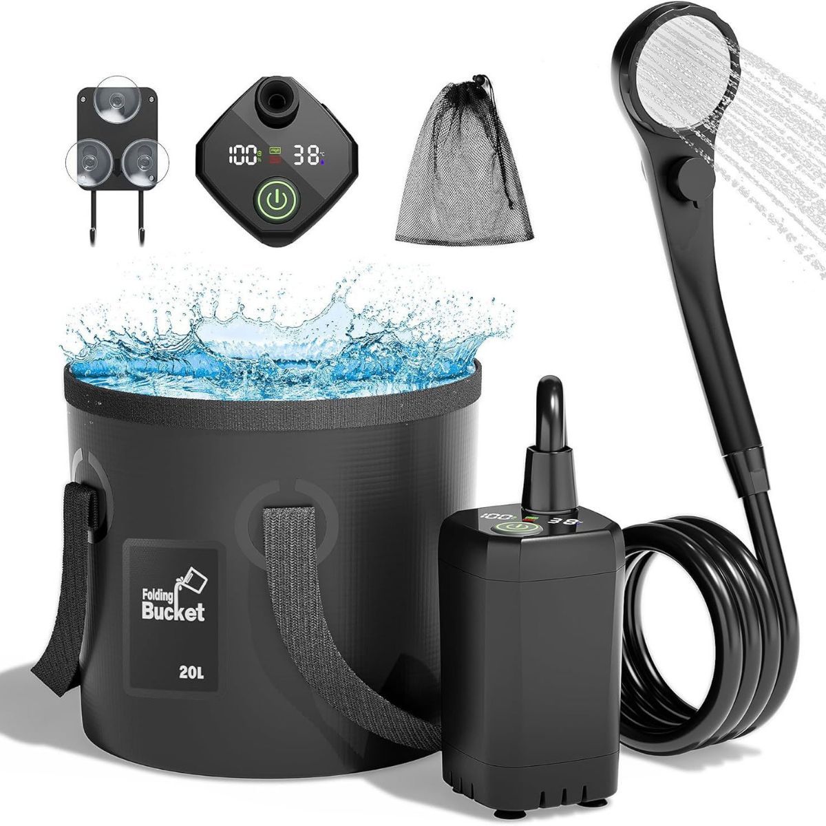 Portable Camping Shower, 6000mAh Rechargeable Outdoor Shower Pump 4 Spray Modes & Speeds, Ipx7 Waterproof, LED Display, Portable Shower for Camping, Car & Pet - Black - Size 5.3-gallon bucket