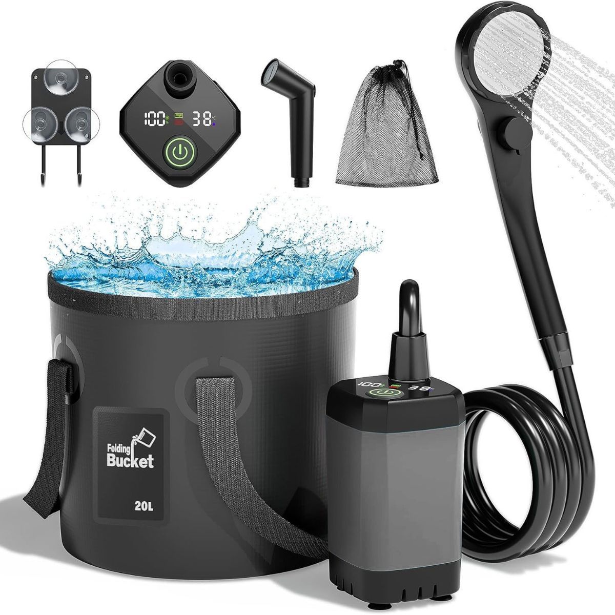 Portable Camping Shower, 6000mAh Rechargeable Outdoor Shower Pump 4 Spray Modes & Speeds, Ipx7 Waterproof, LED Display, Portable Shower for Camping, Car & Pet - Black - Size 5.3-gallon bucket and spray gun