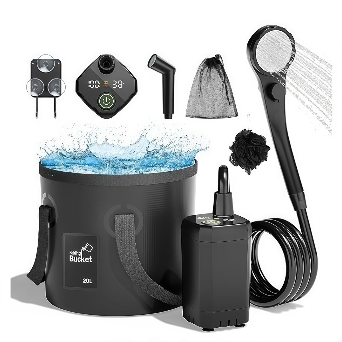 Portable Camping Shower, 6000mAh Rechargeable Outdoor Shower Pump 4 Spray Modes & Speeds, Ipx7 Waterproof, LED Display, Portable Shower for Camping, Car & Pet - Black - Size 5.3-gallon bucket and spray gun