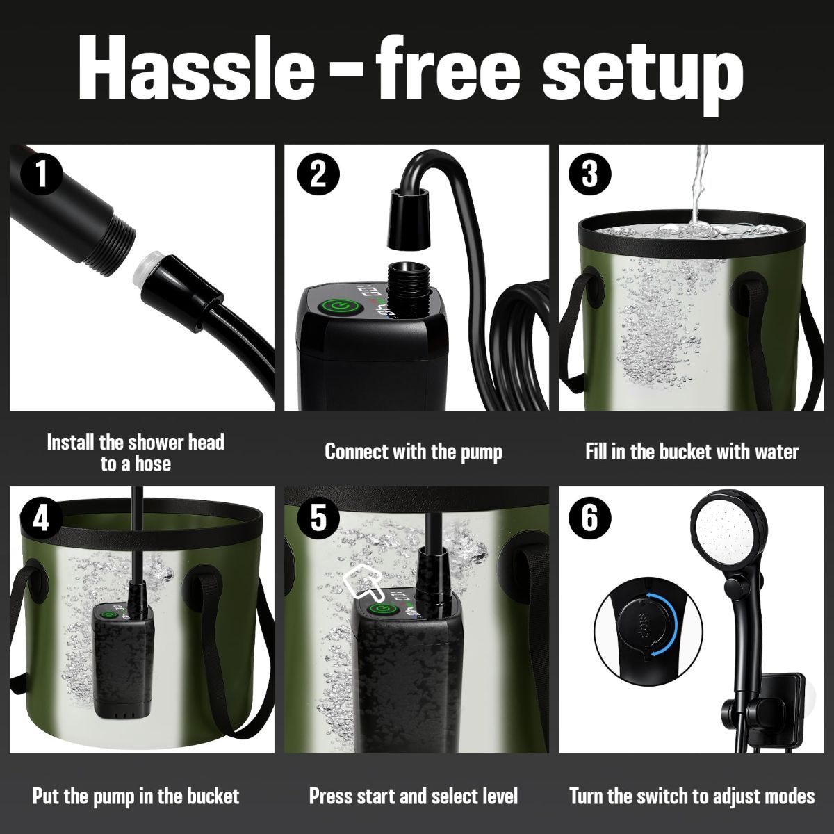 Portable Camping Shower, 6000mAh Rechargeable Outdoor Shower Pump 4 Spray Modes & Speeds, Ipx7 Waterproof, LED Display, Portable Shower for Camping, Car & Pet - Black - Size 5.3-gallon bucket, spray gun, and bath bomb