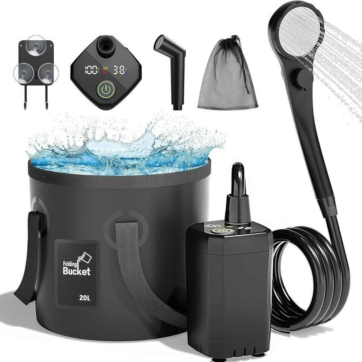 Portable Camping Shower, 6000mAh Rechargeable Outdoor Shower Pump 4 Spray Modes & Speeds, Ipx7 Waterproof, LED Display, Portable Shower for Camping, Car & Pet - Black - Size 5.3-gallon bucket, spray gun, and bath bomb