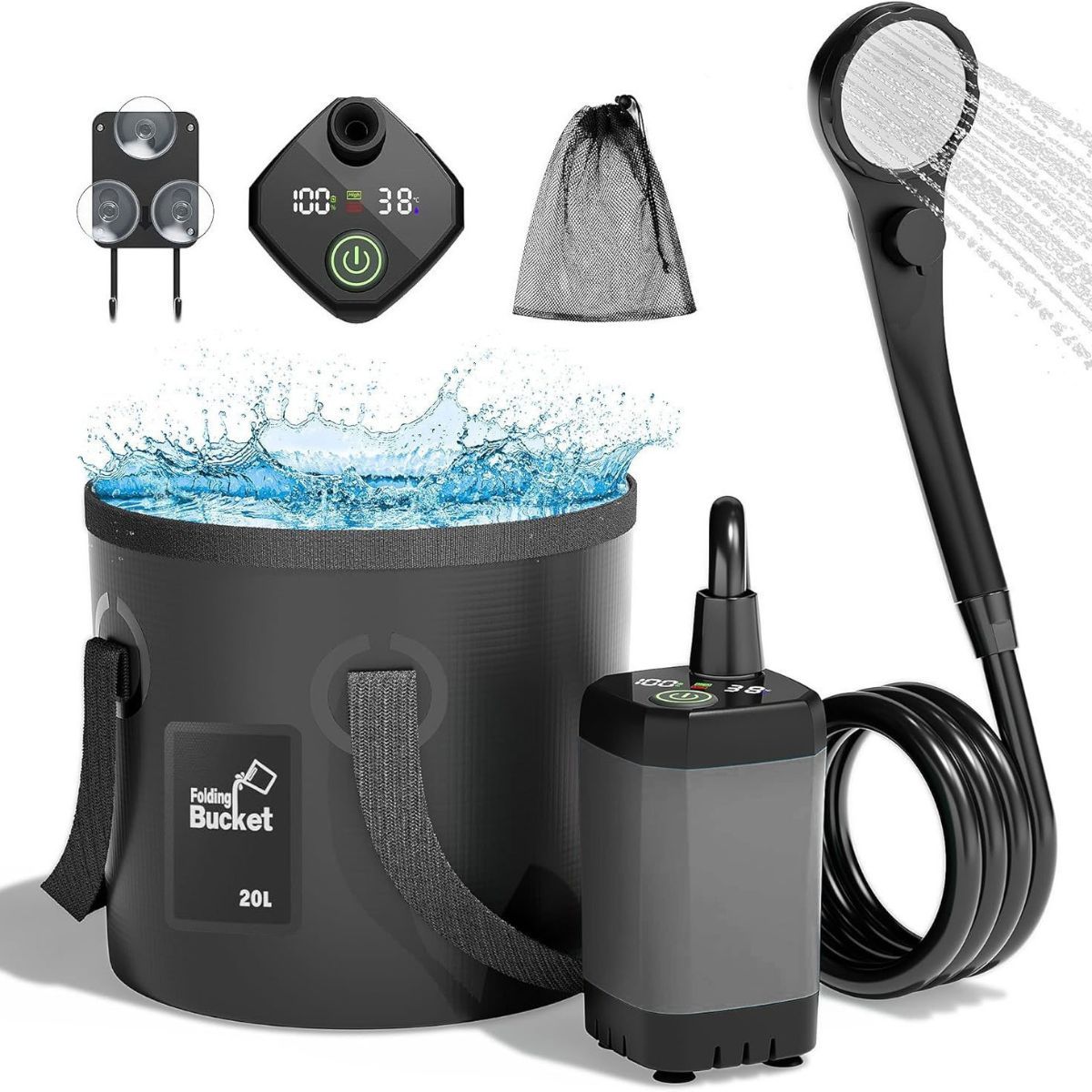 Portable Camping Shower, 6000mAh Rechargeable Outdoor Shower Pump 4 Spray Modes & Speeds, Ipx7 Waterproof, LED Display, Portable Shower for Camping, Car & Pet - Black - Size 5.3-gallon bucket, spray gun, and bath bomb