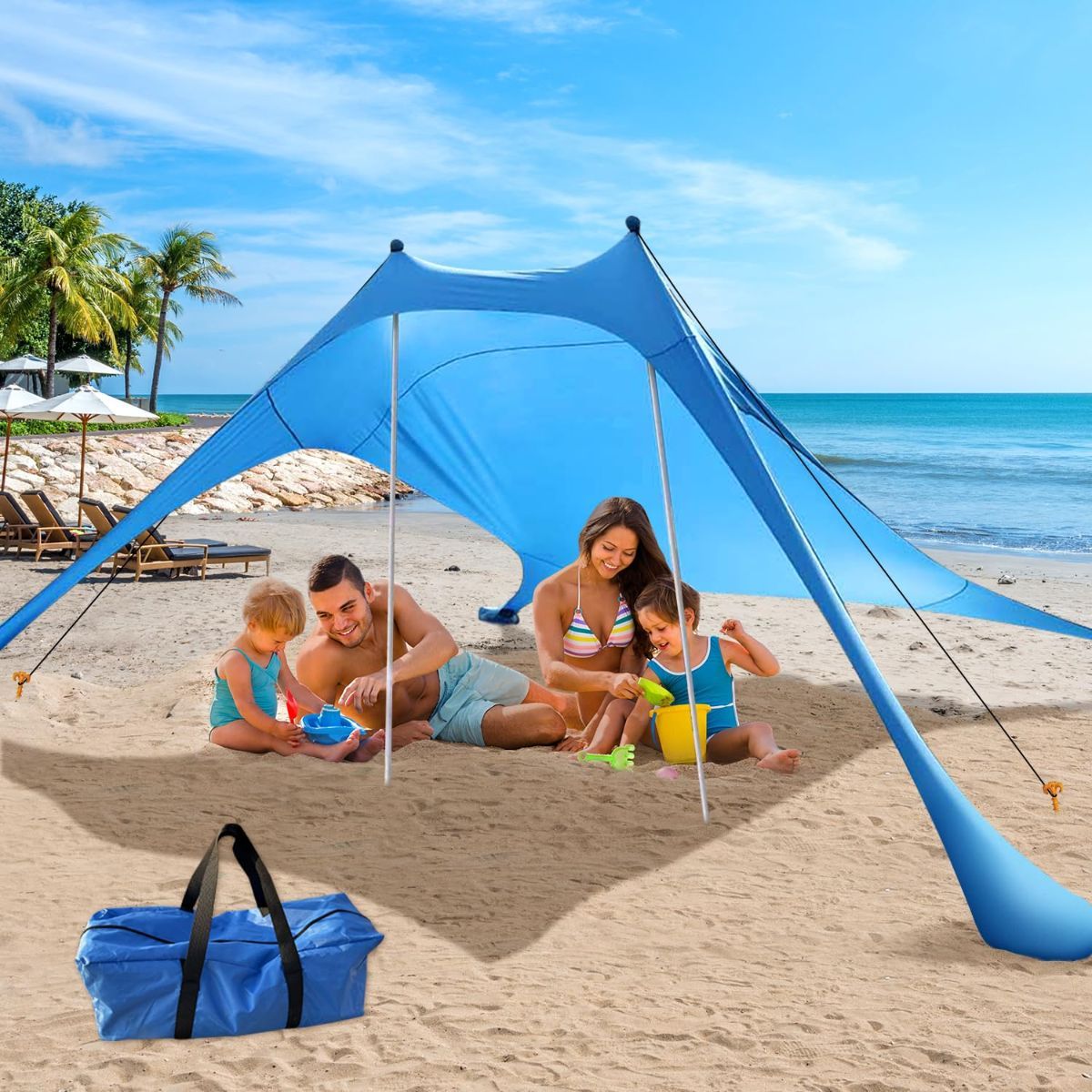 300*300*200CM 2 Poles Beach Tent Shade Canopy with UPF50+ Protection Sun Shelter Portable Camping Tents with Sandbags Poles and Ground Pegs and Anti-Wind Ropes for Beach Outdoor Camping Backyard Picnics - Blue