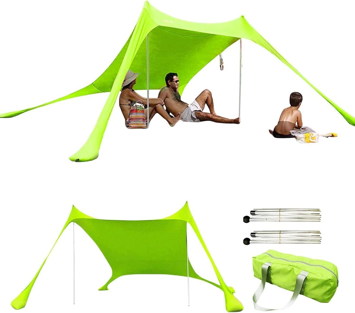 300*300*200CM 2 Poles Beach Tent Shade Canopy with UPF50+ Protection Sun Shelter Portable Camping Tents with Sandbags Poles and Ground Pegs and Anti-Wind Ropes for Beach Outdoor Camping Backyard Picnics - Green