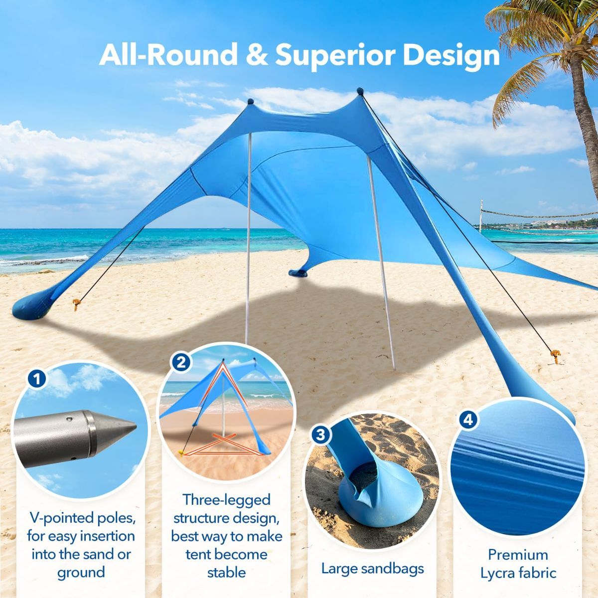 300*300*200CM 2 Poles Beach Tent Shade Canopy with UPF50+ Protection Sun Shelter Portable Camping Tents with Sandbags Poles and Ground Pegs and Anti-Wind Ropes for Beach Outdoor Camping Backyard Picnics - Green