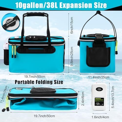 10 Gallon Foldable Fishing Bucket Portable Aerator EVA Live Bait Bucket Quiet Air Pump - Blue