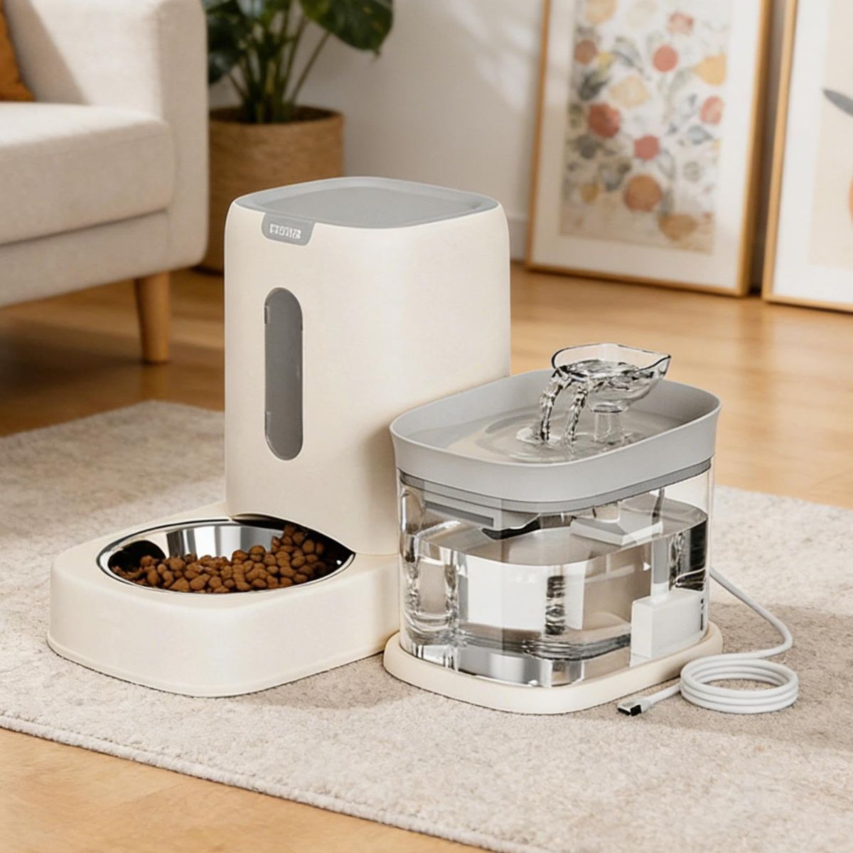 Automatic Cat Feeder and Water 2-in-1 Pet Automatic Fountain Food Bowl Spill-Proof Cat Waterer for Indoor Outdoor Home Vacation Balcony Living Room Bedroom - Yellow - Size Feeder and Waterer