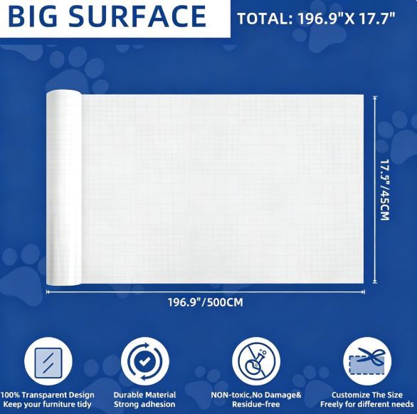 196.9"x15.7" Anti Cat Scratch Furniture Protector Clear Viny | Couch Protector from Cat Claws Thicken - Single Sided Sticky Flexible Dog Tape for Furniture, for Couch Corner Door Walls Bed - Clear