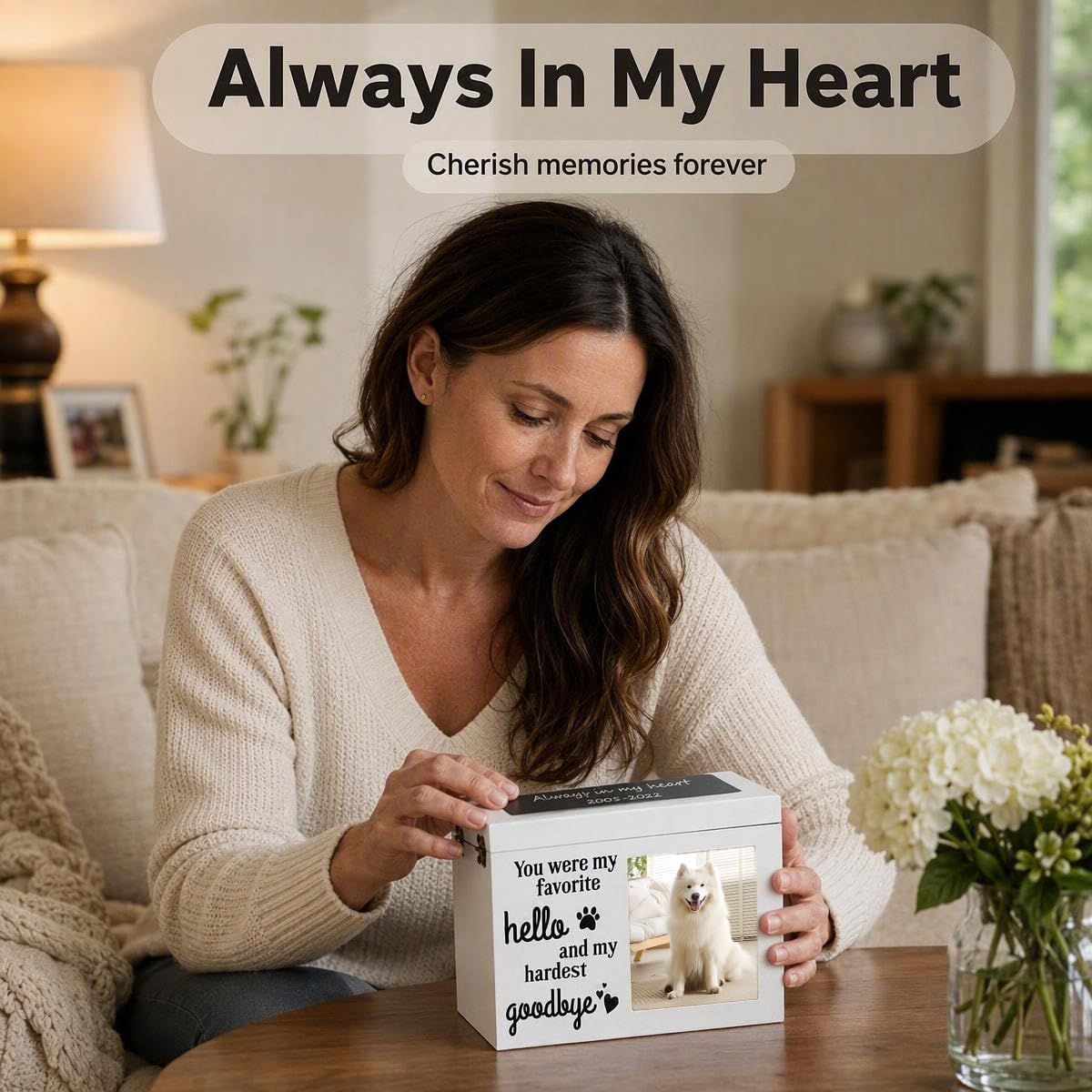 PLockable Wooden Pet Urn with Photo Frame for Dog Cat Ashes White Handcrafted Wood Cremation Container.Elegant Memorial Keepsake To Preserve Ashes,Tender Lasting Tribute For Furry Companions - White - Size 1Pack