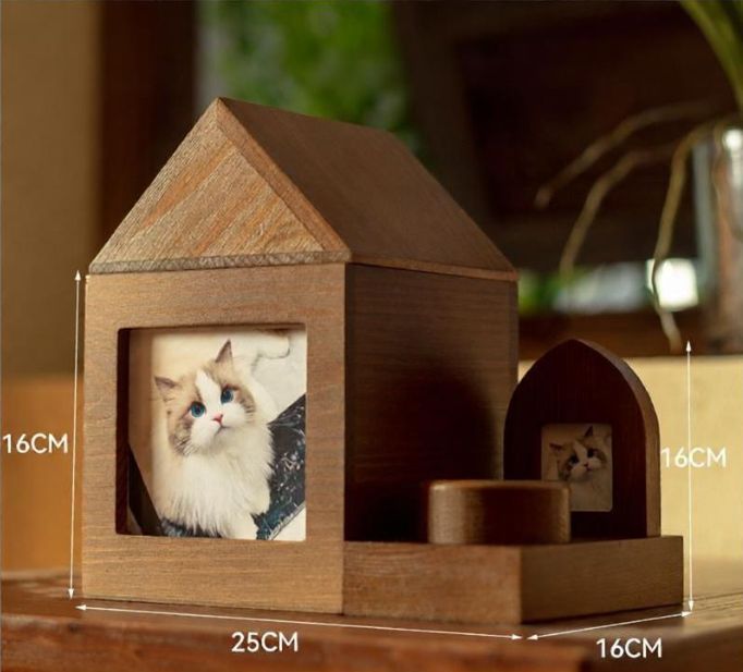 Pet Urn Nostalgia Passing Away Dog Cat Cabin Urn with Photo Frame Pet Coffin - Brown - Size Large house