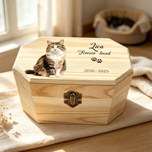 Personalized Wooden Pet Urn for Dog Cat Ashes, Custom Photo Engraved Memorial Keepsake Box with Name & Dates, Handmade Solid Wood Cremation Urn for Pet Loss Tribute - Wood - Size M