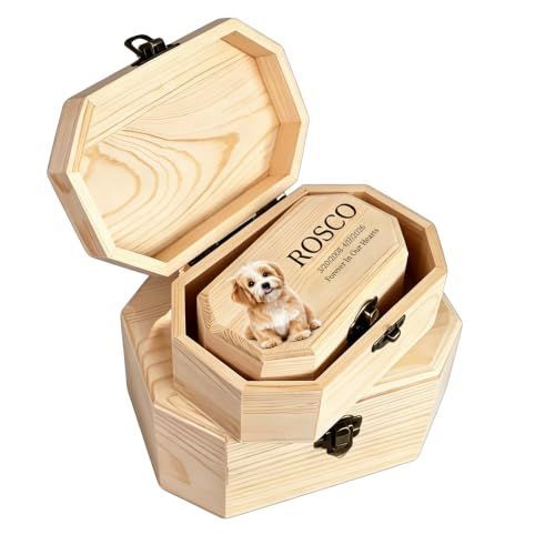 Personalized Wooden Pet Urn for Dog Cat Ashes, Custom Photo Engraved Memorial Keepsake Box with Name & Dates, Handmade Solid Wood Cremation Urn for Pet Loss Tribute - Wood - Size M