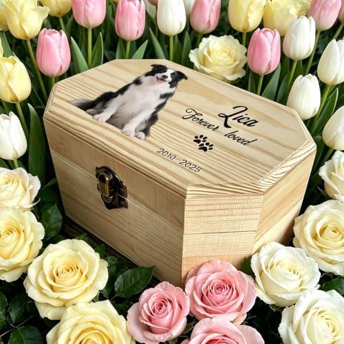 Personalized Wooden Pet Urn for Dog Cat Ashes, Custom Photo Engraved Memorial Keepsake Box with Name & Dates, Handmade Solid Wood Cremation Urn for Pet Loss Tribute - Wood - Size M