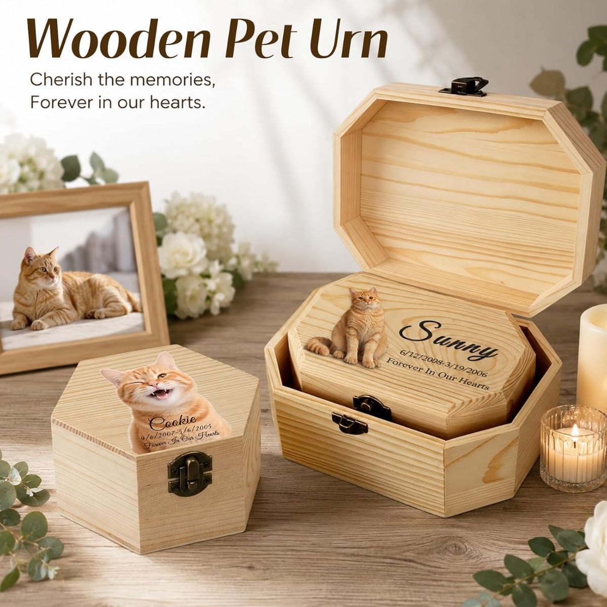 Personalized Wooden Pet Urn for Dog Cat Ashes, Custom Photo Engraved Memorial Keepsake Box with Name & Dates, Handmade Solid Wood Cremation Urn for Pet Loss Tribute - Wood - Size M