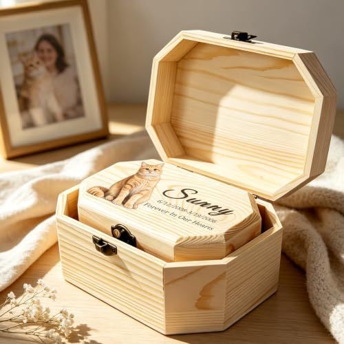 Personalized Wooden Pet Urn for Dog Cat Ashes, Custom Photo Engraved Memorial Keepsake Box with Name & Dates, Handmade Solid Wood Cremation Urn for Pet Loss Tribute - Wood - Size S