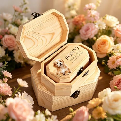 Personalized Wooden Pet Urn for Dog Cat Ashes, Custom Photo Engraved Memorial Keepsake Box with Name & Dates, Handmade Solid Wood Cremation Urn for Pet Loss Tribute - Wood - Size S