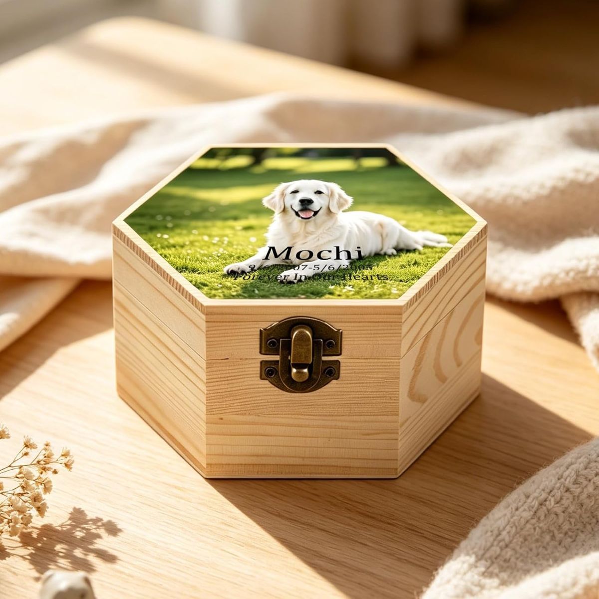 Personalized Wooden Pet Urn for Dog Cat Ashes, Custom Photo Engraved Memorial Keepsake Box with Name & Dates, Handmade Solid Wood Cremation Urn for Pet Loss Tribute - Wood - Size S