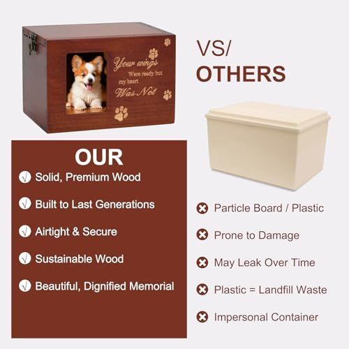 Pet Memorial Urns for Dog or Cat Ashes, Large Wooden Funeral Cremation Urns with Photo Frame, Keepsake Memory Box with Flannel Lining - Black - Size 16*11.2*11cm
