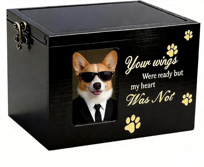 Pet Memorial Urns for Dog or Cat Ashes, Large Wooden Funeral Cremation Urns with Photo Frame, Keepsake Memory Box with Flannel Lining - Brown - Size 16*11.2*11cm