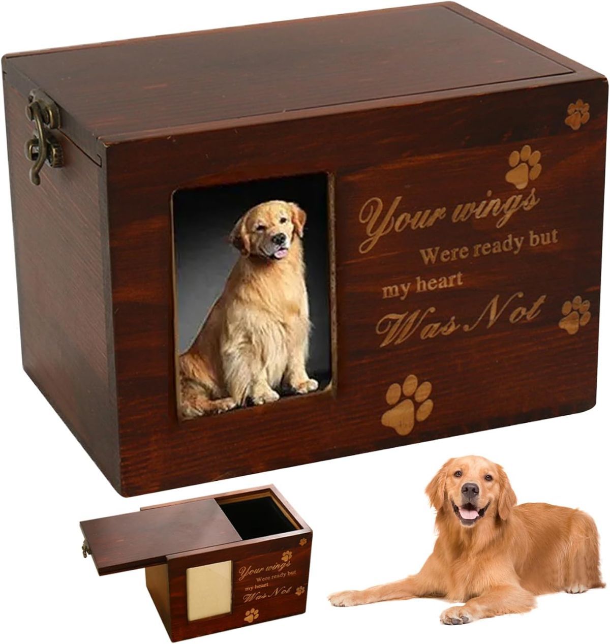 Pet Memorial Urns for Dog or Cat Ashes, Large Wooden Funeral Cremation Urns with Photo Frame, Keepsake Memory Box with Flannel Lining - Dark Brown - Size 16*11.2*11cm
