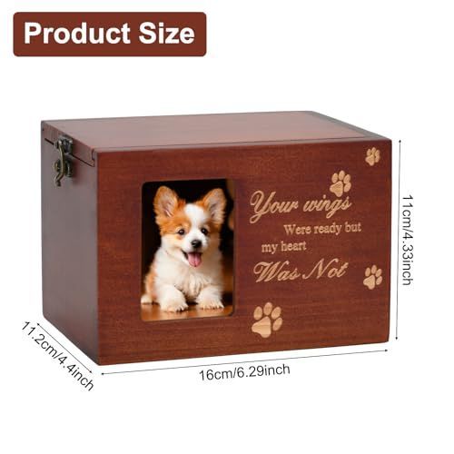 Pet Memorial Urns for Dog or Cat Ashes, Large Wooden Funeral Cremation Urns with Photo Frame, Keepsake Memory Box with Flannel Lining - Dark Brown - Size 16*11.2*11cm