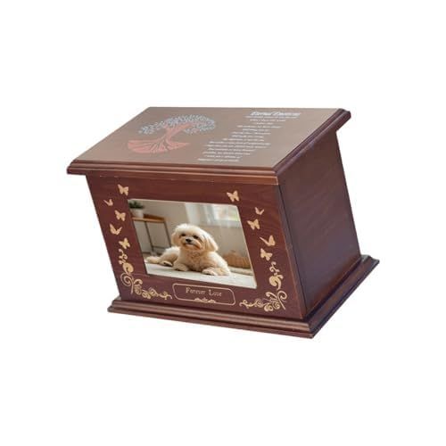 Pet Memorial Wooden Urn Box with Photo Frame, Life Tree Butterfly Ashes Keepsake Box Forever Love Pet Loss Bereavement Gift - Brown - Size 28*20*17cm