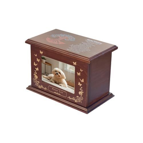 Pet Memorial Wooden Urn Box with Photo Frame, Life Tree Butterfly Ashes Keepsake Box Forever Love Pet Loss Bereavement Gift - Brown - Size 28*20*17cm