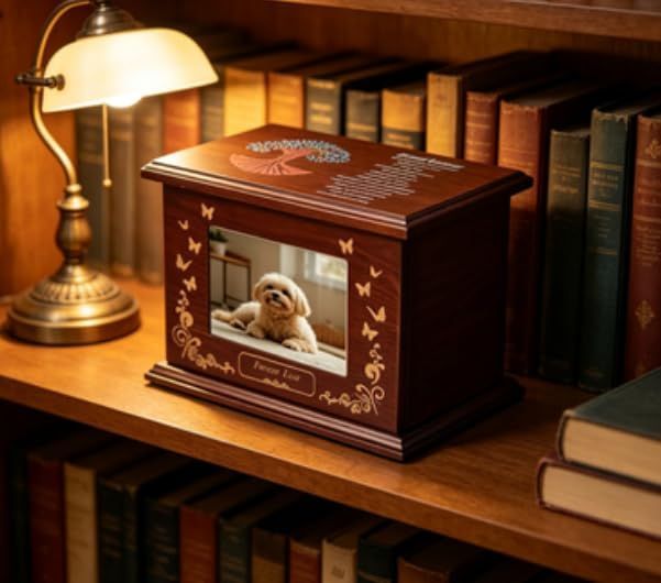 Pet Memorial Wooden Urn Box with Photo Frame, Life Tree Butterfly Ashes Keepsake Box Forever Love Pet Loss Bereavement Gift - Brown - Size 28*20*17cm
